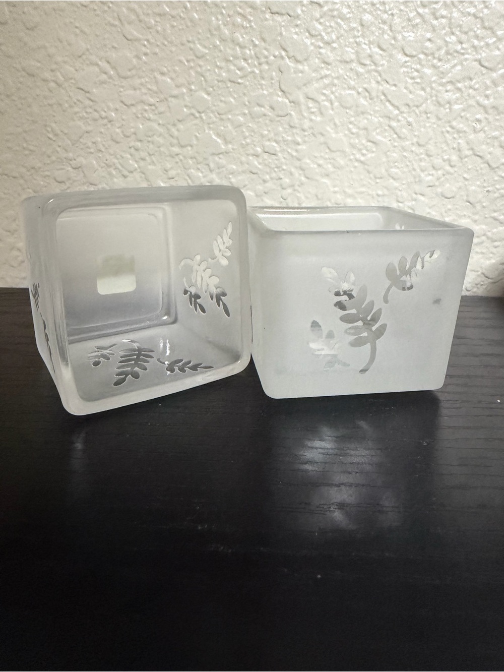 PartyLite Frosted White Square Votive Holders with Leaf Design